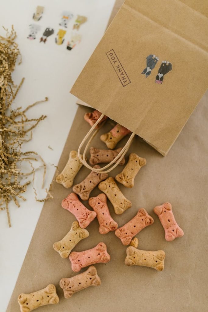 Colorful bone-shaped dog treats spill from a paper bag labeled thank you.