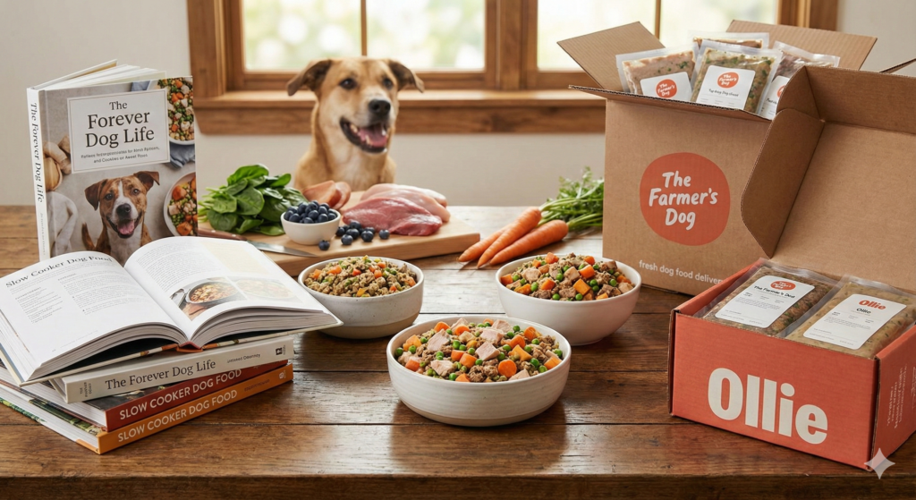 5 Best Fresh Dog Food Delivery Services Tested (2025) Comparison of fresh dog food delivery boxes from Farmer's Dog and Ollie next to homemade dog food cookbooks and fresh ingredients on a kitchen counter.
