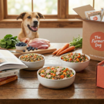 Comparison of fresh dog food delivery boxes from Farmer's Dog and Ollie next to homemade dog food cookbooks and fresh ingredients on a kitchen counter.