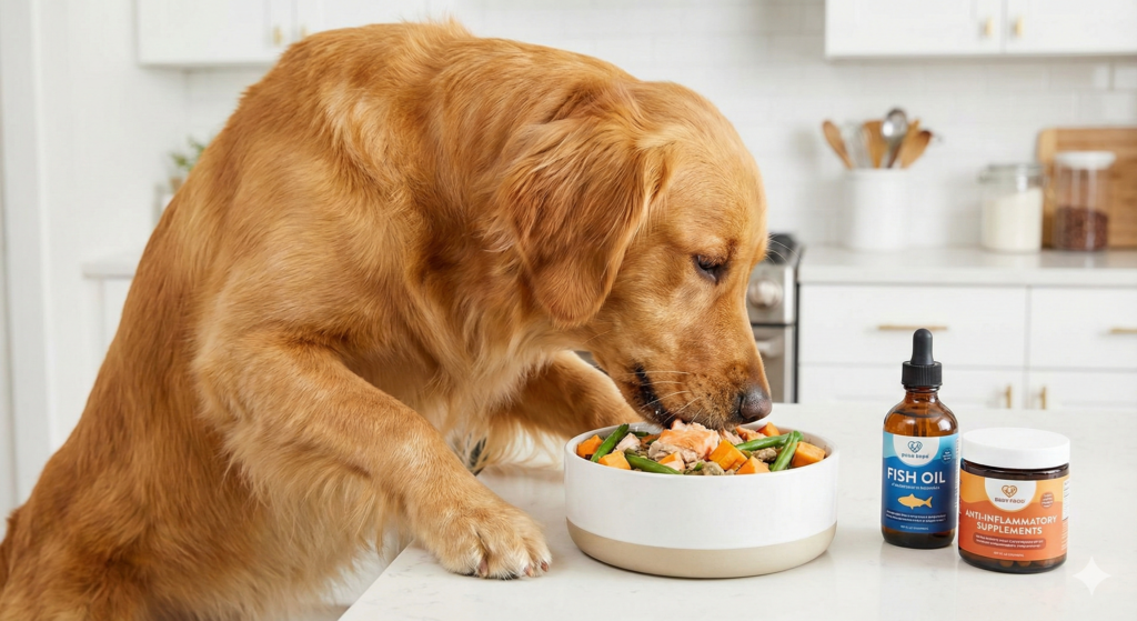 Golden Retriever Eating Anti Inflammatory Dog Food Allergies 1024x559